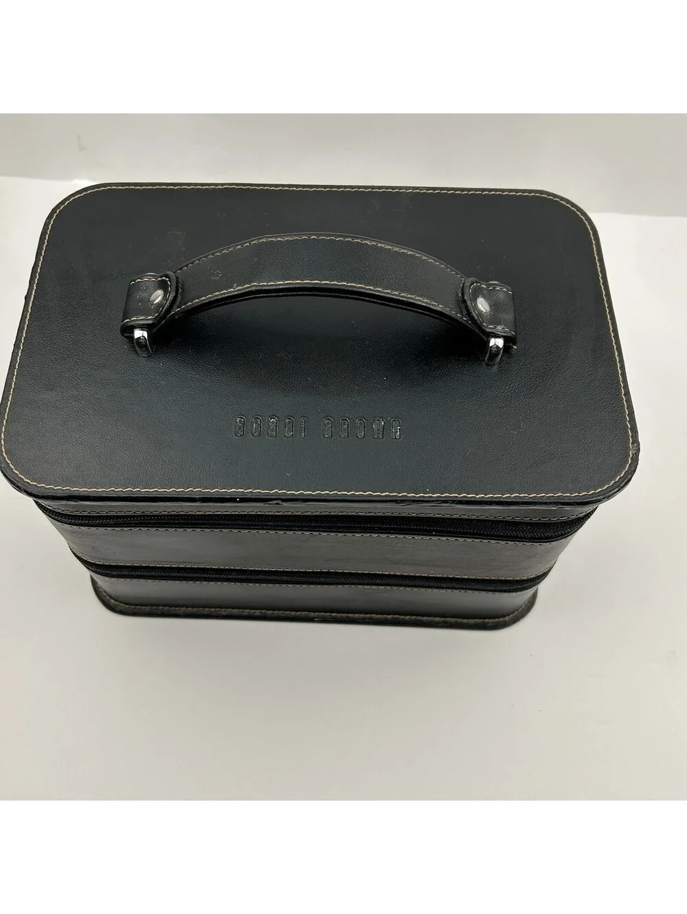 Bobbi Brown Black Leather Makeup Train Case Tan Tiered 2 Zip Cosmetic Bag  LS#12